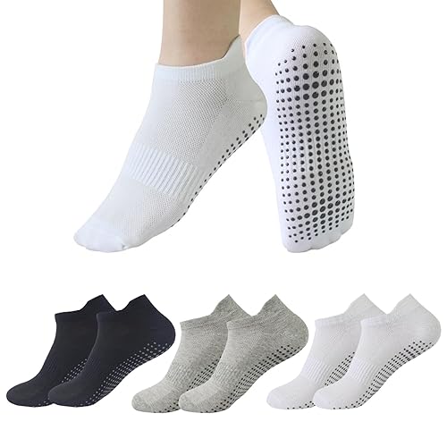BRTNUP 3 Pairs Pilates Socks, Yoga Socks for Women Non Slip Pilates Grip Socks Yoga Socks Ankle Grippy Sock US Size 4-7 (EU 36-41) (Black+White+Gray)