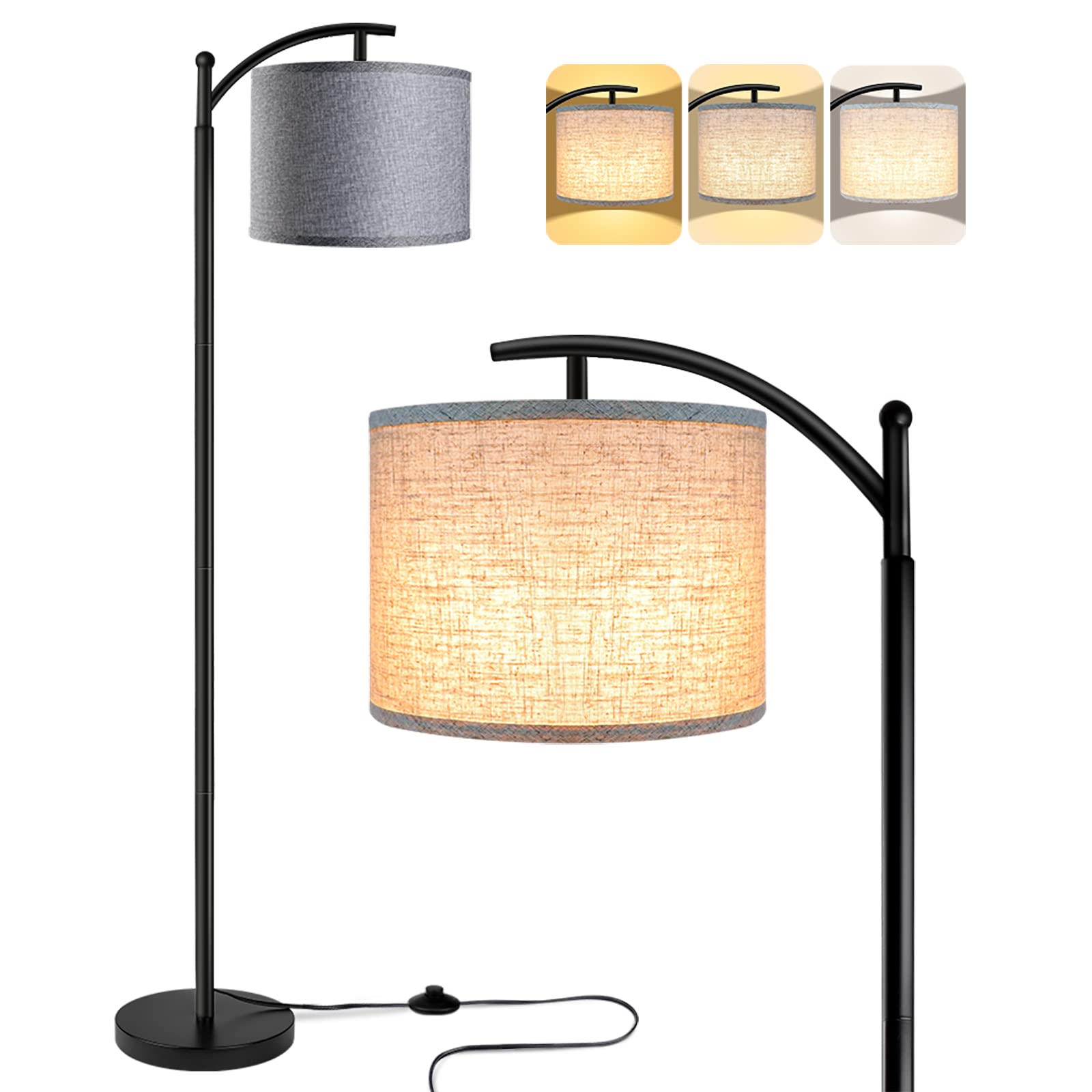 Photo 1 of ROTTOGOON Floor Lamp with 3CCT LED Bulb, Gray Linen Lamp Shade for Living Room, Modern Standing Lamp for Bedrooms - Black