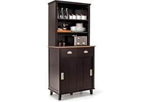 LOKO 67” Kitchen Pantry Storage Cabinet, Freestanding Buffet Sideboard with 3 Open Shelves, Microwave Countertop, 2 Pull-Out Drawers & Sliding Door Cabinet, Kitchen Hutch for Dining Room (Brown)