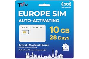 TSIM SIM Card for Europe Travel 28Days Holiday with CallHome & Hotspot Tethering. Auto-Activating. 5G Enabled. Roam in 34 Countries incl Switzerland, Turkey. Works in USA Too - Test Before Travel (10GB)