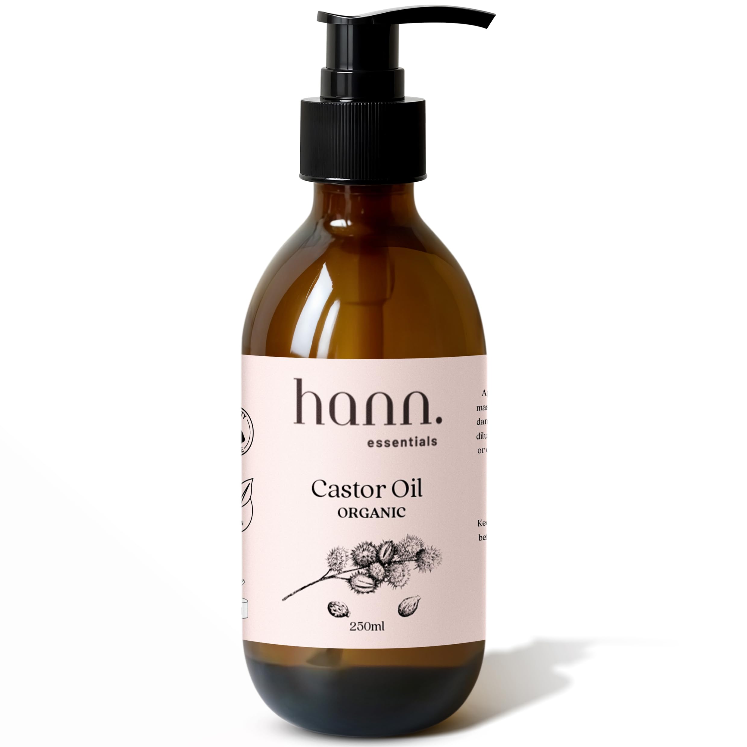 Organic Cold-Pressed Castor Oil in Glass Bottle (250ml) | Purpose-Made Pump Dispenser | Hexane-Free, 100% Pure | For Skin, Hair and Wellness.