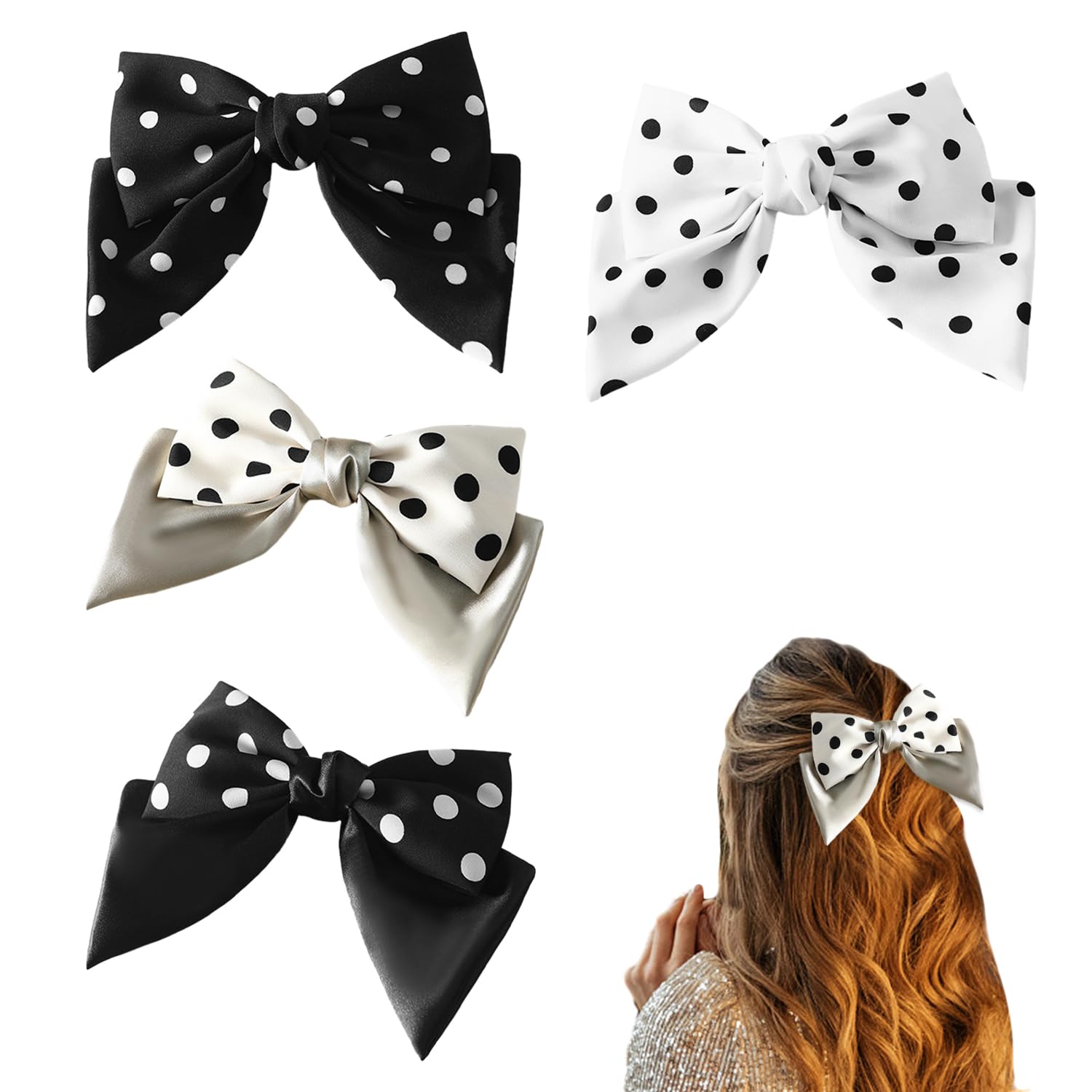 OAAO 4Pcs Women's Bow Hair Clips, Black and White Bow Polka Dot Hair Clips, Satin Fabric Hair Clip, Large Bow Headwear, Suit for Girls and Ladies (4 Styles)