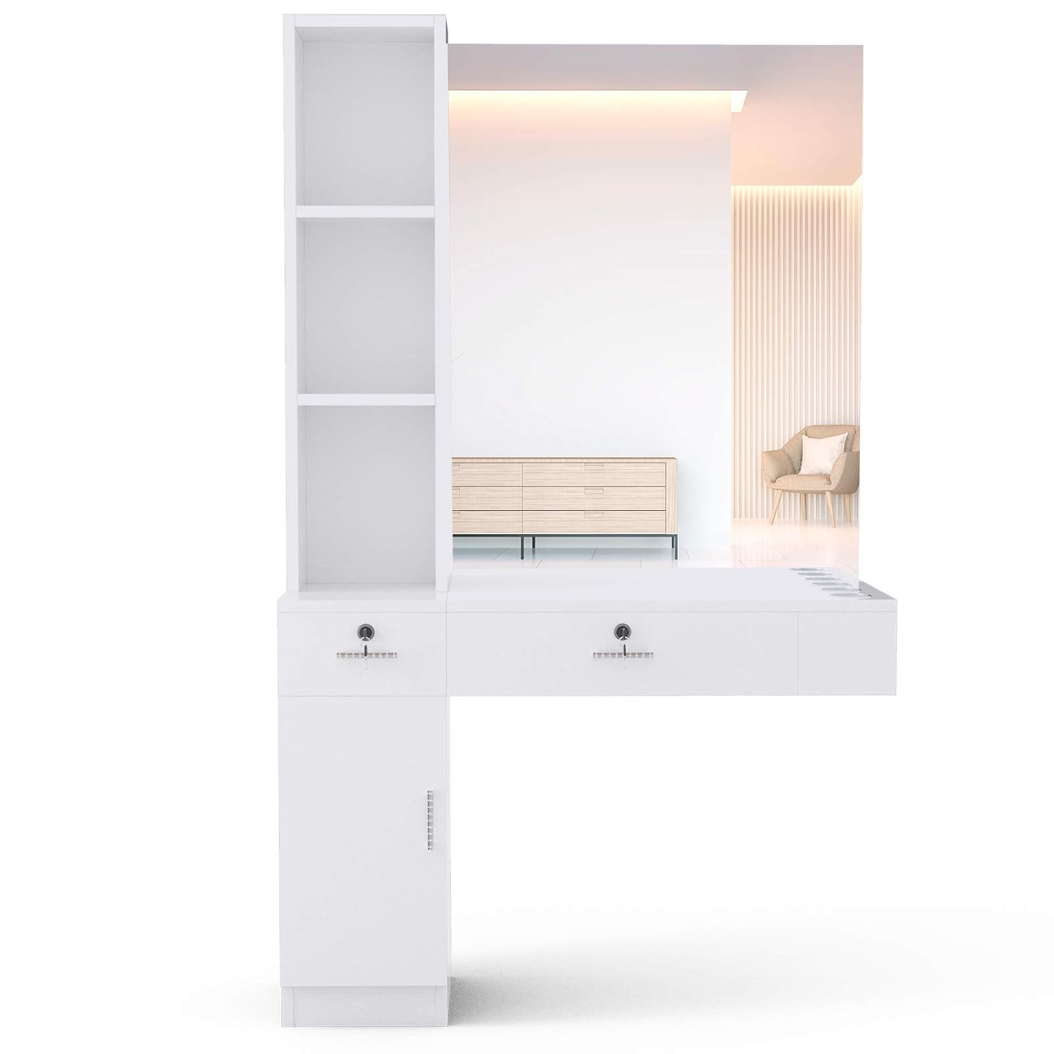 NURXIOVO Barber Station w/Mirror, Hair Tools Collector Salon Equipment Organizer Wall Mount Styling Table Beauty Facial Spa Cabinet w/Appliance Holders, Shelf, Lockable Drawers (Left Shelf): Beauty