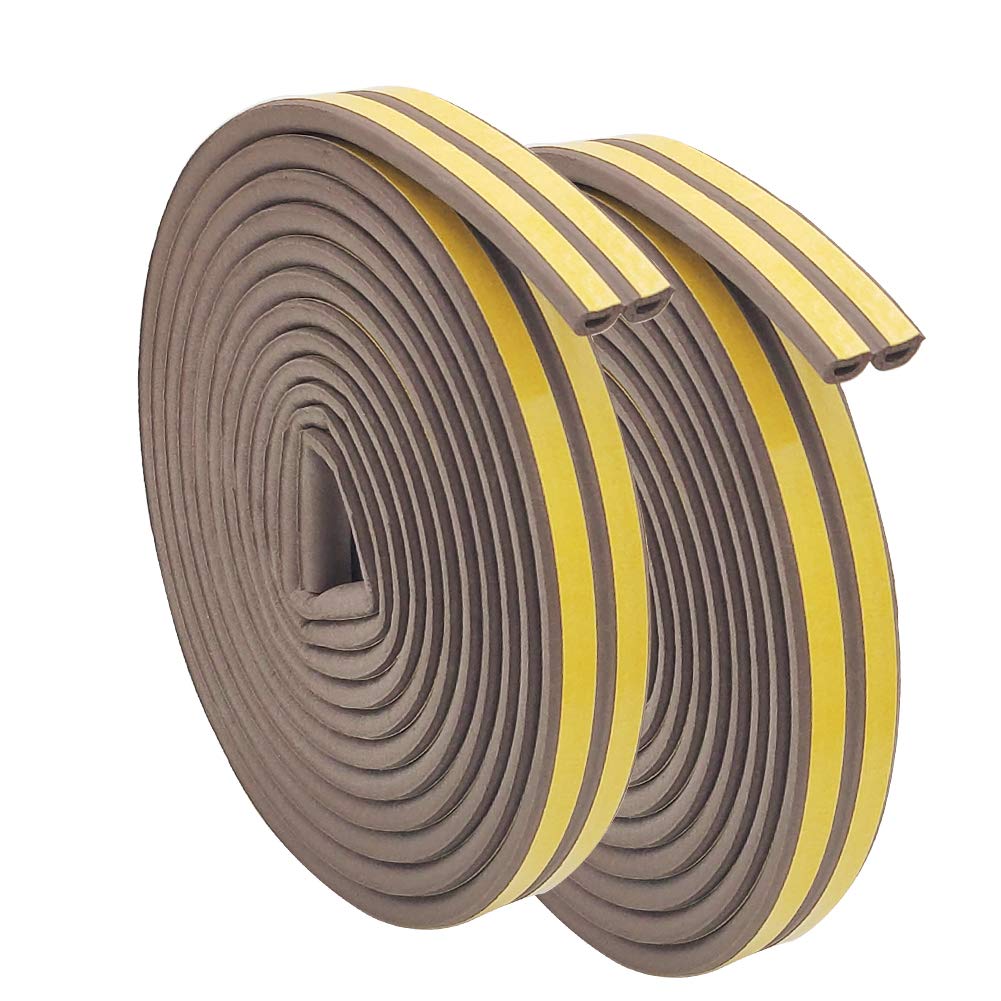 Doors Windows Draught excluder Tape, RIJAHO 2 Pack Soundproofing, Noise Muffling Weather Strip Tape, Self-Adhesive EPDM Foam D Type, 4 Seals Total 12.36m, Brown
