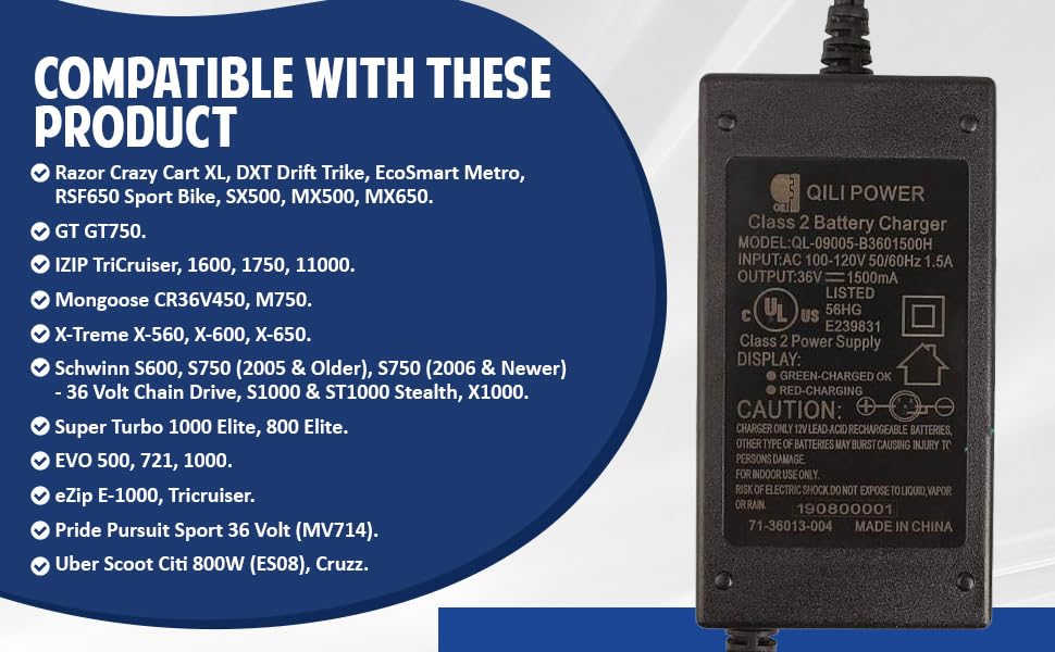 36V 1.5A Battery Charger for Razor MX500 - Premium 36V 1500mA Scooter Quick Charger (3-Pin XLR Connector) for Razor Crazy Cart XL, MX650, Currie, Schwinn S1000, S600, Ezip E1000, X-600 - W15128190014