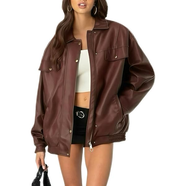 Clearlove Womens Oversized Leather Jackets Faux Suede Zip Up Fall Motorcycle Coats Winter Outfits Clothes Dark Brown Xl