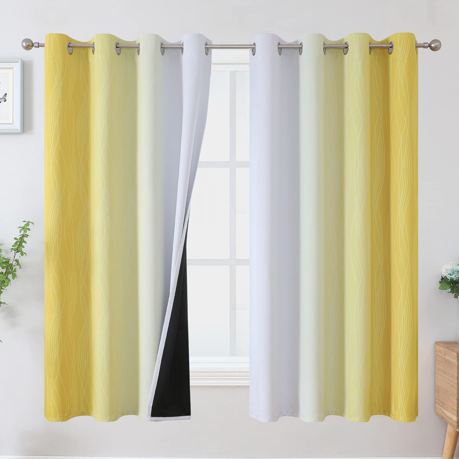 VEHEDE Gradient Yellow and Greyish White Blackout Curtains for Living Room, Ombre Eyelet Decorative Wave Thermal Insulated Curtains & Drapes for Kids Bedroom, W52 x L63 Inch, 2 Panels