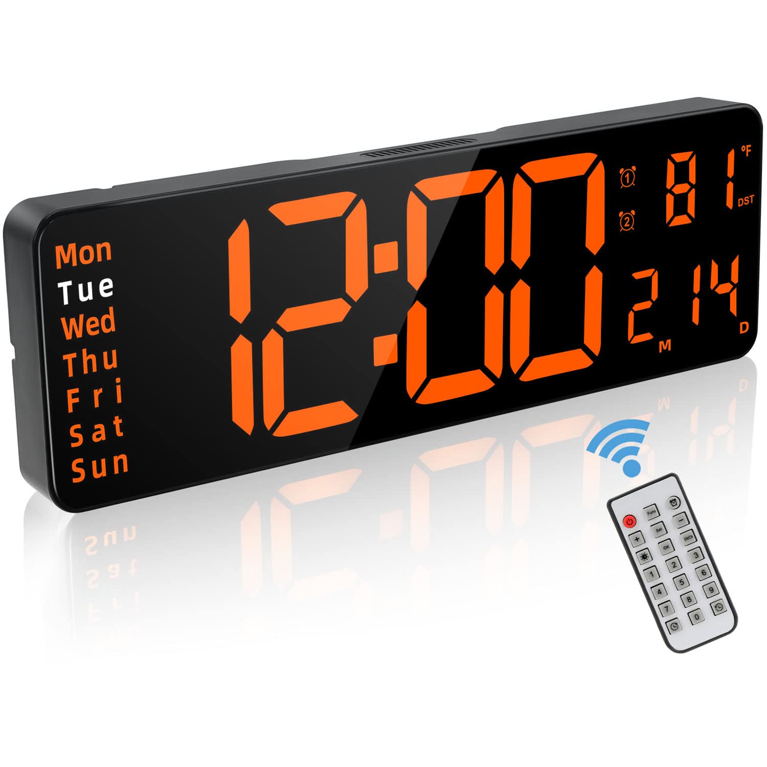 Photo 1 of JoFomp Large Display Digital Alarm Clock for Bedroom, Living Room and Office - LED Electronic Clock with DST, Temperature Display - Dimmer & Battery Backup - Modern Desk and Wall Clock (Orange)