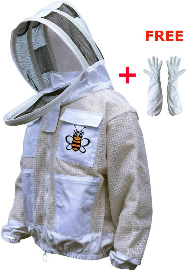 Bee Suits 3 Layer Safety Unisex White Fabric Mesh Beekeeping Jacket Beekeeping Veil Bee Protective Clothing Beekeeping Protective Ventilated Bee Round Veil (3XL)