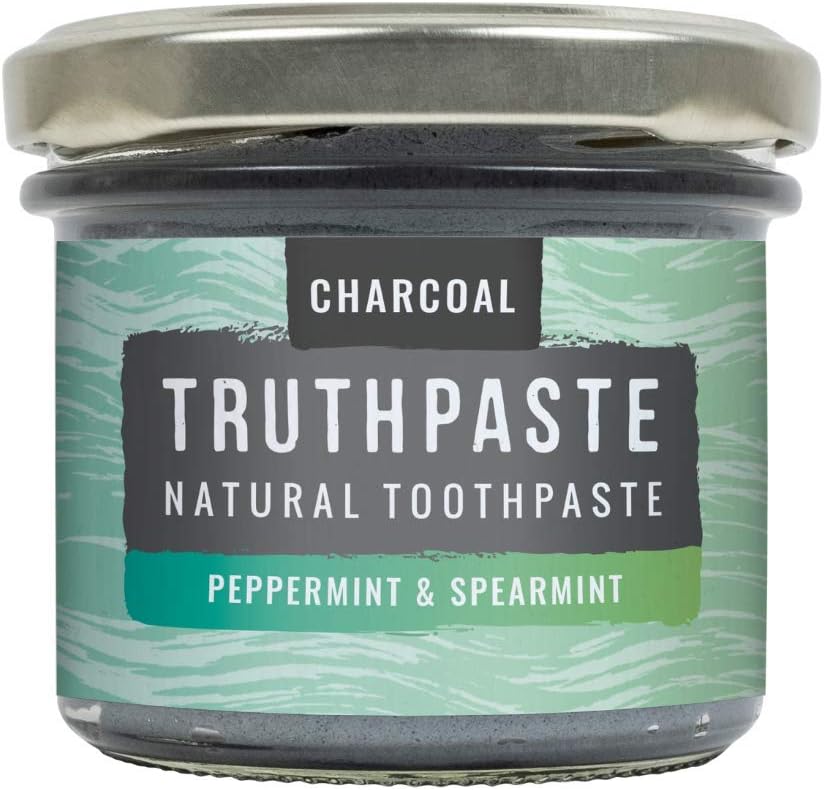 TRUTHPASTE Charcoal whitening natural zero waste toothpaste (Peppermint & Spearmint 100ml) Eco friendly & plastic free with Coconut & Aloe Vera. Fluoride Free