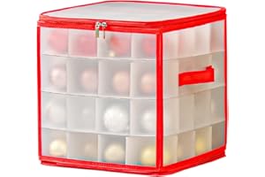 COMCHE Christmas Ornament Storage Box, Plastic Xmas Holiday Ornament Storage Container with Dividers, Zippered Closure, Holds up to 64 Ornaments Balls