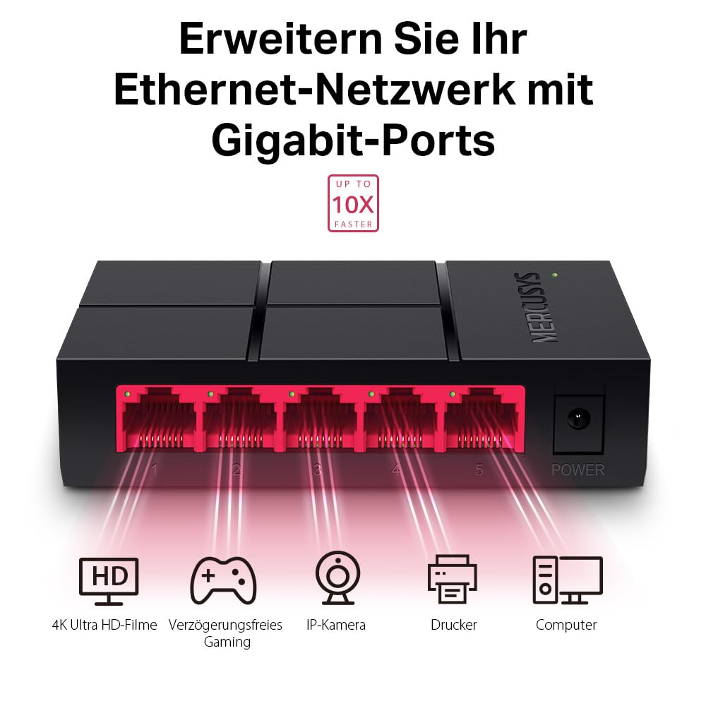 Mercusys MS105G 5-Ports Gigabit Netzwerk Switch, Automatische Aushandlung, Automatische MDI/MDIX-Umschaltung, Plug and Play, MAC-Adressen-Lernen, 105×70×24.9 mm 3