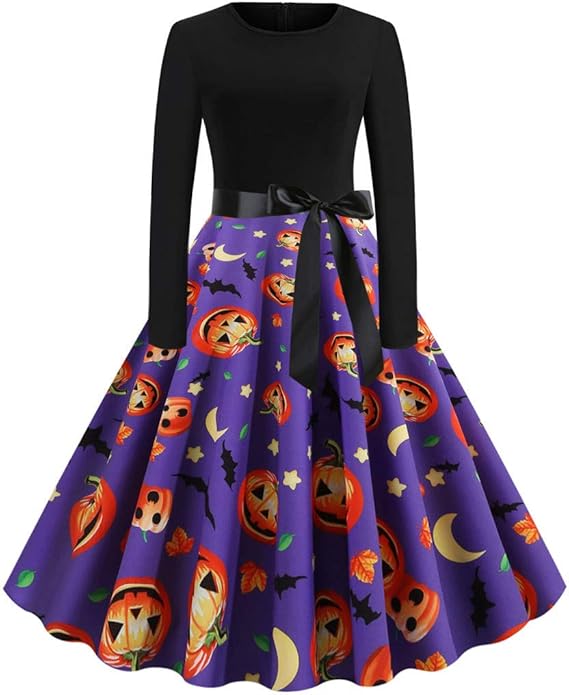 Amazon Co Jp ハロウィン ワンピース コスプレ 仮装 大人 レディース 長袖 かぼちゃ 黒猫 コウモリ レトロ プリーツ スイングドレス 可愛い 魔女 悪魔 洋装 洋服 ベルト付き フォーマル パーティードレス 通勤 発表会 演奏会 お呼ばれ 演劇 ステージ衣装 ホビー