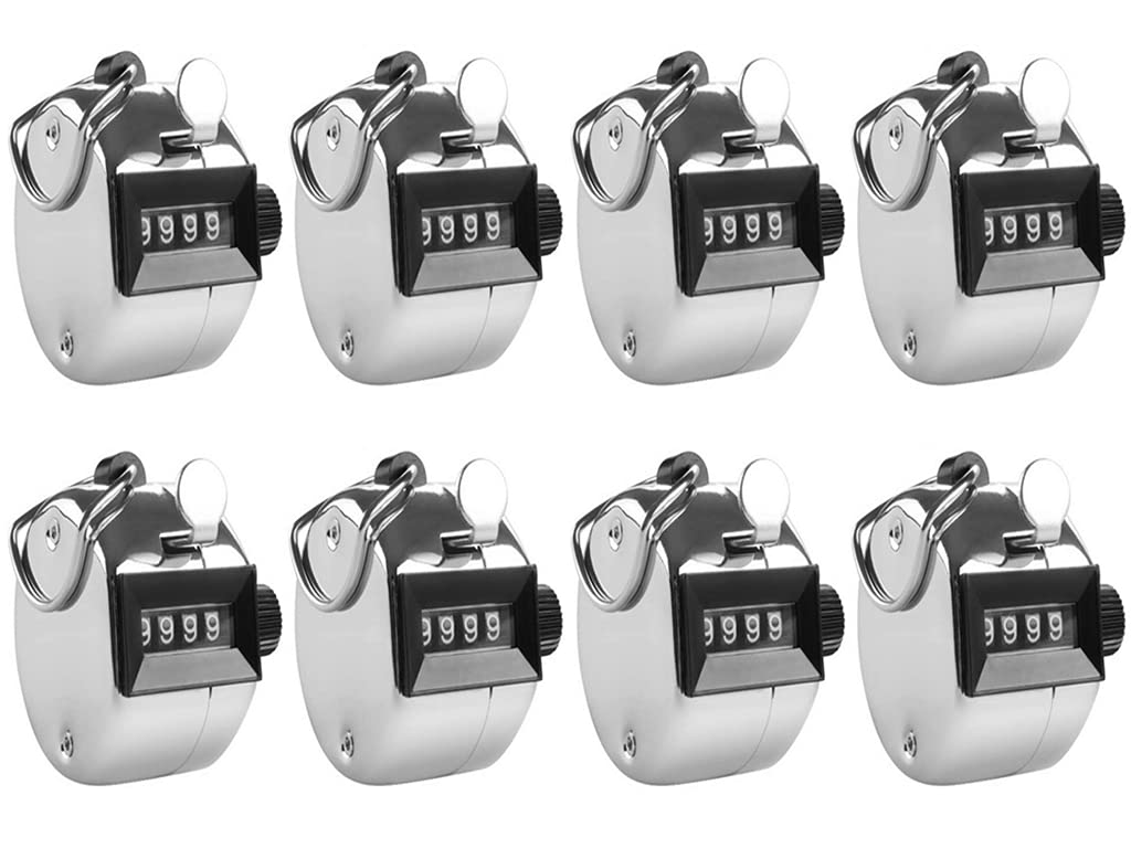 Kellegour Hand Tally Counters,8 Pieces Metal Tally Counters,Hand Tally Clicker Counter,Finger Counter Round Counter,4-Digit Clicker Counter,for Coaching,Knitting,School,Stadium,Fishing,Golf(Silver)