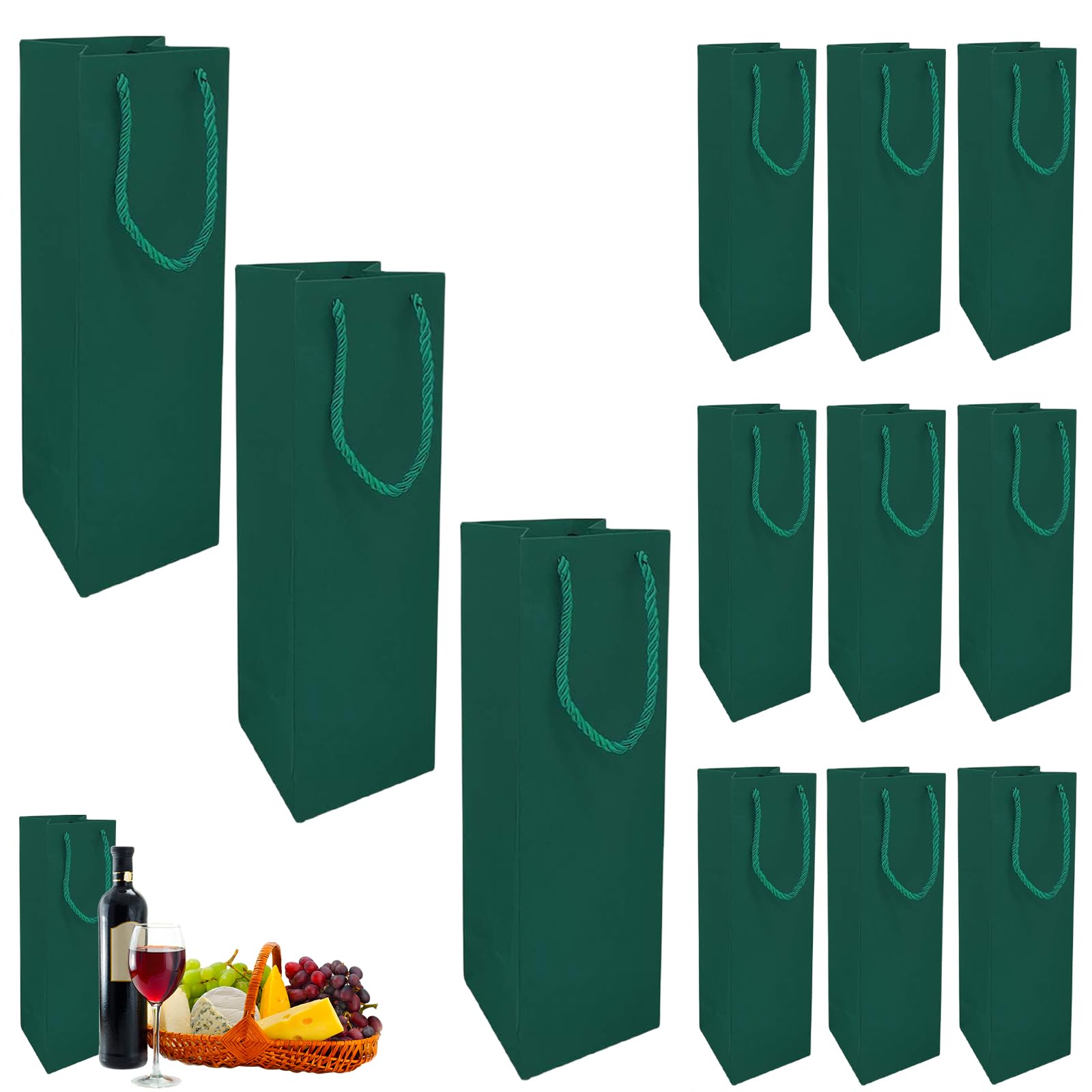 Dark Green Bottle Gift Bags Multipack,12 Packs Christmas Bottle Bags for Wine with Handle and Kraft Paper Gift Tags,New Year Xmas Wine BottleBags for Red Wine.Whiskey Champagne Gifts Wrapping Xmas