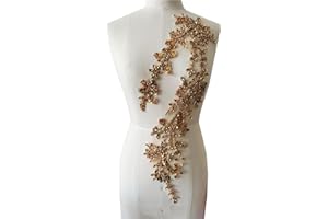 PLUNE Handmade Shining Acrylic Rhinestones on lace Applique Sewing Beads Stones Trim Patches Accessories for Wedding Dress (Champagne)