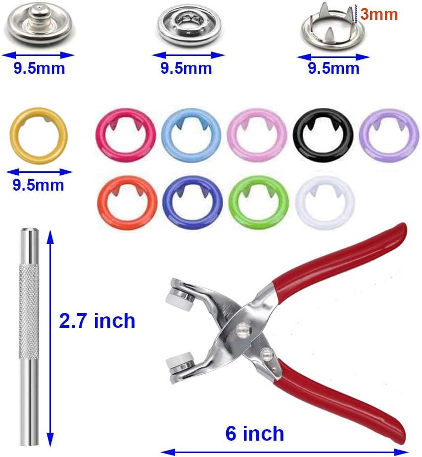 ZTWEDEN 200 Sets Metal Snaps Button Tool Kit Snap Fasteners Hollow Prong Snap Button with Setting Tool for Clothing Crafting Sewing, Leather Snaps Buttons for Jeans Wears Bags(10 Colors, 9.5mm)