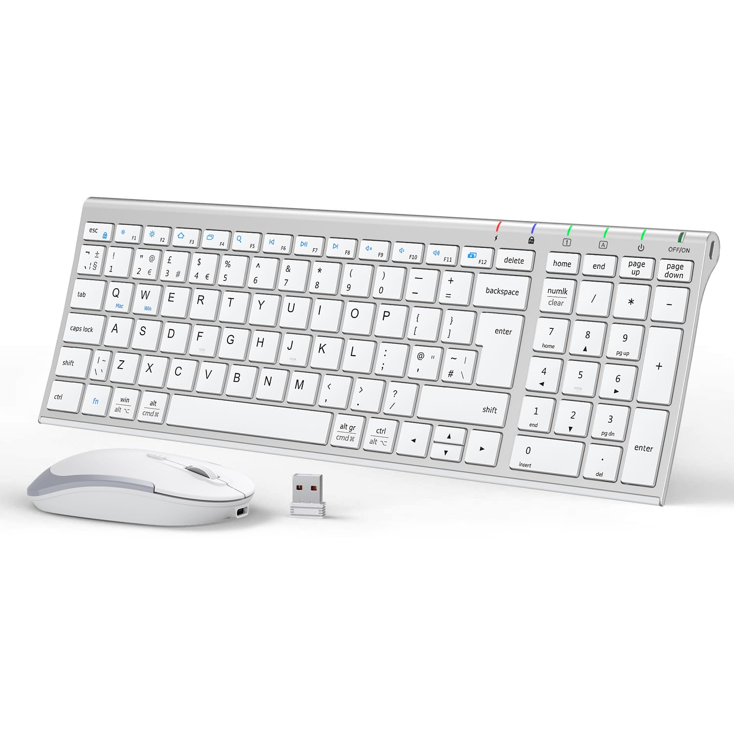 iClever GK03 Wireless Keyboard & Mouse Combo for Mac & Windows, 2.4G Rechargeable Wireless Keyboard Mouse, Silent Keys, Full Size, Portable Slim Ergonomic Design, QWERTY UK Layout, Silver and White