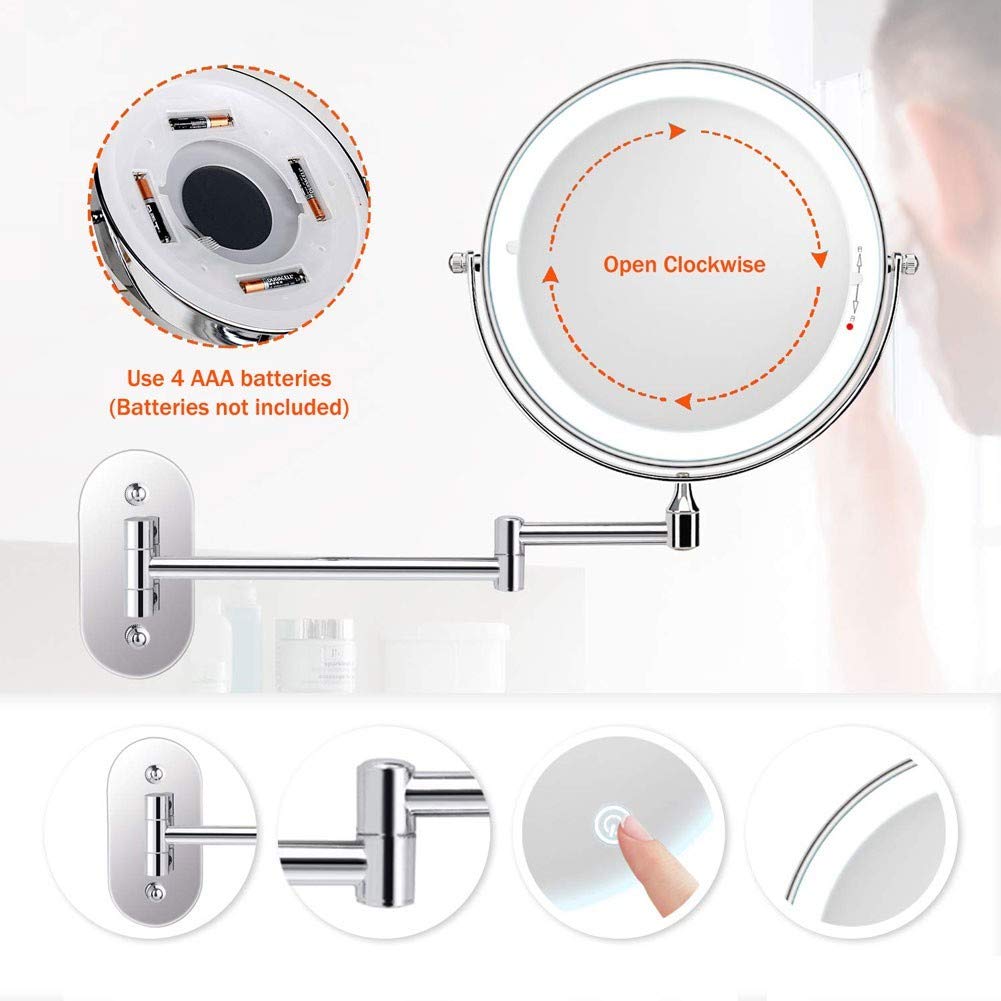 MRJ Espejo de Aumento de Pared con luz LED Doble Cara giratoria de 360