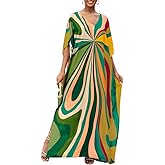Bsubseach Kaftan Dresses for Women V Neck Batwing Sleeve Plus Size Caftans Swimwear Coverups Maxi Beach Dresses
