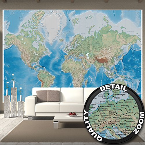 GREAT ART Wallpaper World Map - Wall Decoration Atlas Miller Projection -Earth Atlas Poster Globe Oceans Continents Countries (132.3 x 93.7 Inch)