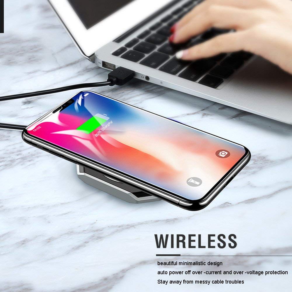 Anguo Wireless Charger, Qi Certified Fast Wireless Charger Charging Pad for iPhone X / 8/8 Plus, Samsung Galaxy S9, S9 Plus and All Qi-Enabled Device（NO AC Adapter）