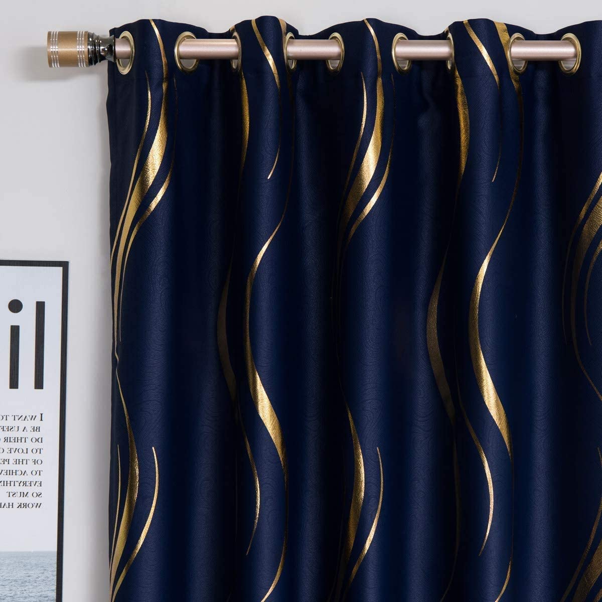 Photo 1 of MYRU 1 Pair Navy Blackout Curtains for Bedroom, Luxury Striped Curtains for Living Room(Navy and Gold, 2 Panels 54 x 90 Inch)