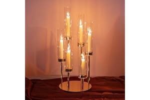 NUPTIO Hurricane Glass Candle Holders: 6 Arm Gold Metal Candlestick Candelabra with Removable Clear Cylinder Sleeve 61 cm Tal