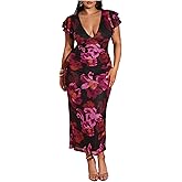 BEAUDRM Women's Plus Size Cocktail Floral Maxi Dress Deep V Ruffle Short Sleeve Bodycon Mesh Wedding Guest Party Dresses