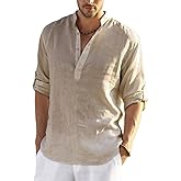 COOFANDY Men's Cotton Linen Henley T-Shirt Long Sleeve Hippie Casual Beach T-Shirts