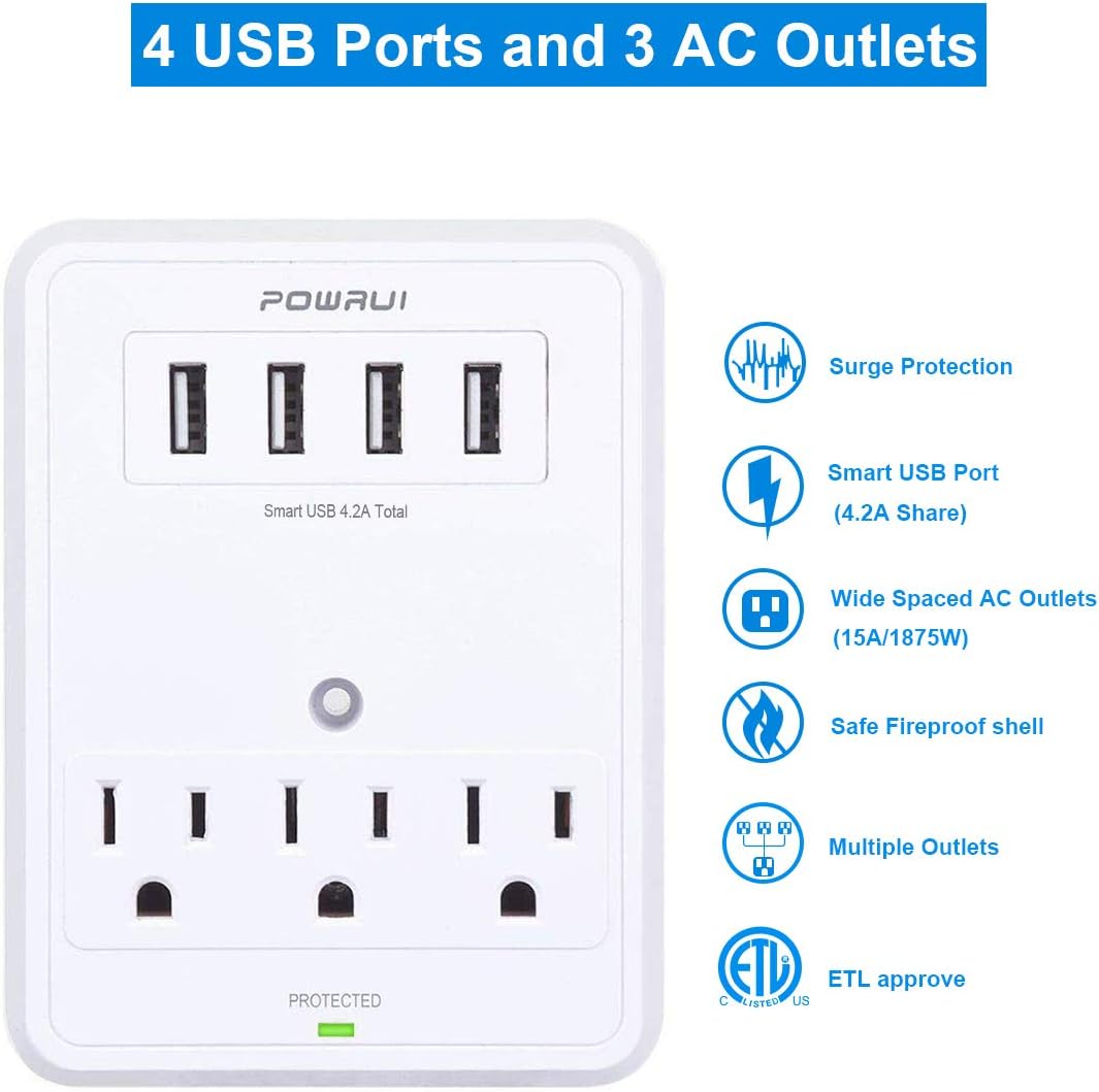 POWRUI Multi Wall Outlet Adapter Surge Protector 1680 Joules with 4-USB Ports Wall Charger, Wall Mount Charging Center 3 Outlet Wall Mount Adapter for Home, School, Office, ETL Certified: Home Audio & Theater