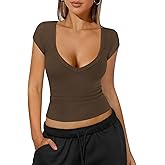 NEJXQ Womens Deep V Neck T Shirts for Women Ribbed Knit Slim Short Cap Sleeve Tee Casual Backless Workout Going Out Tops