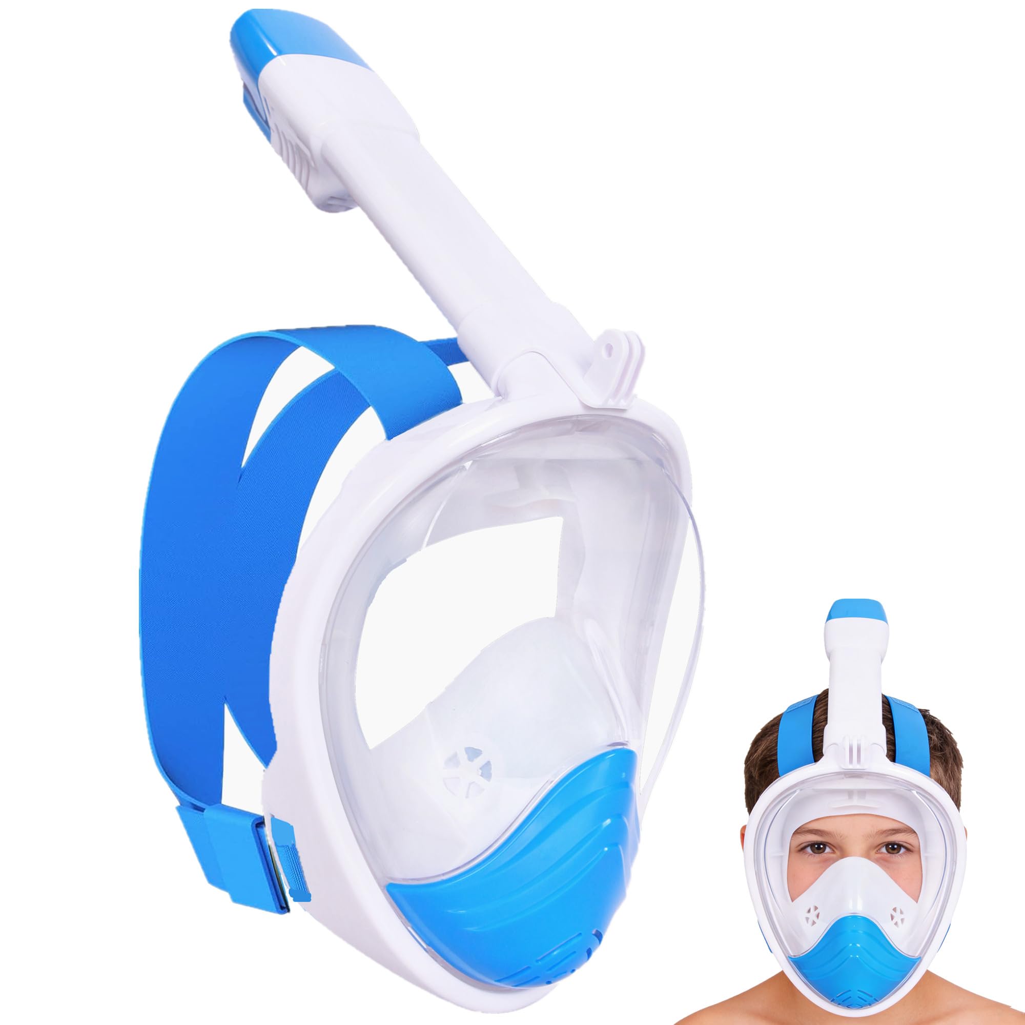 Snorkel Mask for Kids,Full Face Diving Mask Anti-Fog, Anti-Leak 180°view Design, Snorkeling Mask Set for Kids Girls Boys- Sports Camera Compatible(Blue XS)