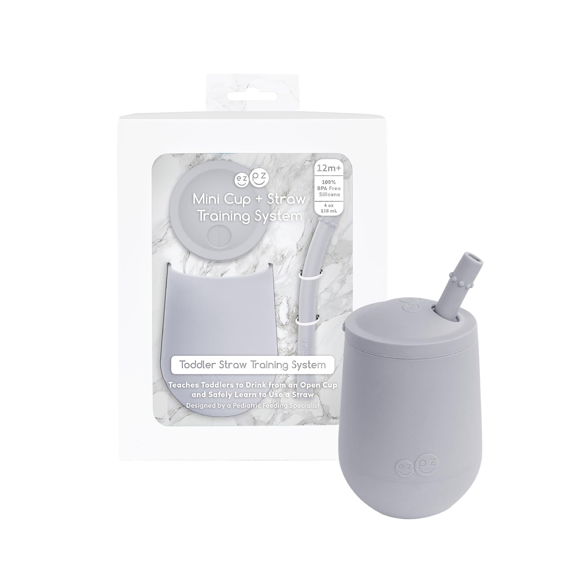 ezpz Mini Cup + Straw Training System - 100% Silicone Training Cup for Infants + Toddlers - Designed by a Pediatric Feeding Specialist - 9 Months+ (Pewter)