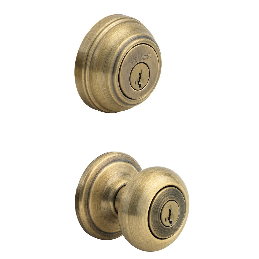 Photo 1 of Kwikset Juno Keyed Entry Door Knob and Single Cylinder Deadbolt Combo Pack with Microban Antimicrobial Protection featuring SmartKey Security in Antique Brass, 99910-033