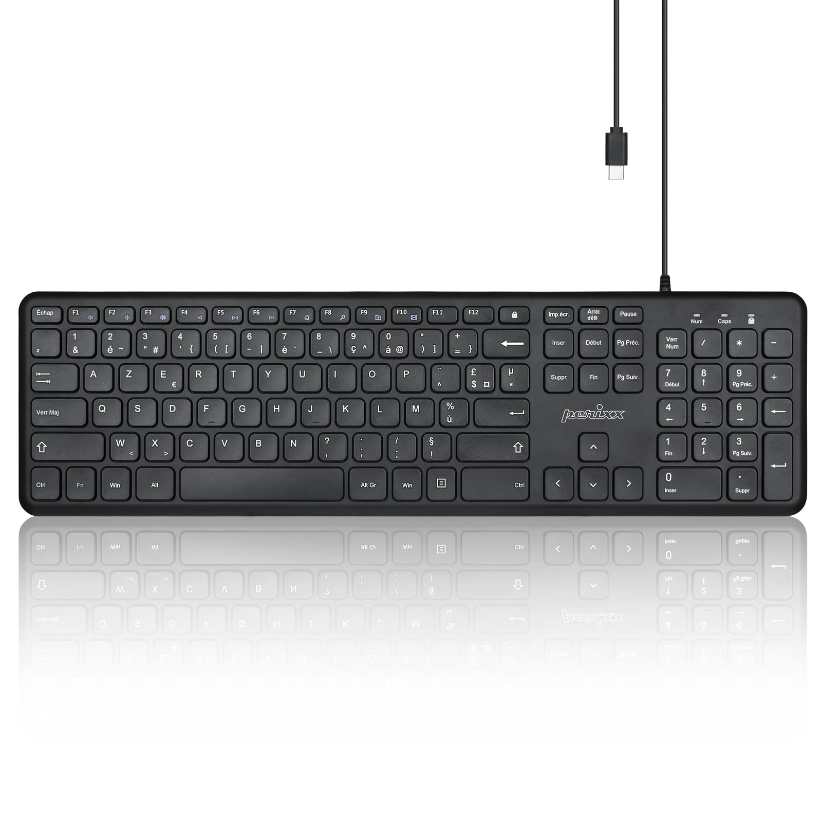 Perixx PERIBOARD-210C Full Size USB C Wired Keyboard with Silent Scissors Keys - Compatible with Tablets, Computers and Laptops - Black - French AZERTY