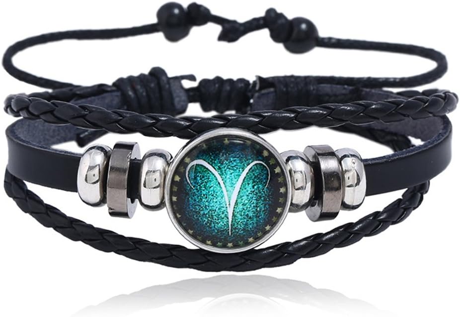 VEVICE 1PCS Retro Twelve Constellation Zodiac Sign Bracelet Braided Lmitation Leather Alloy Charm Bracelet Adjustable Multilayer Wristband Bangle Gifts for Men Women (Aries)