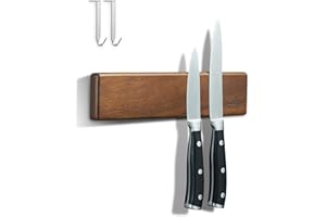 ENOKING Magnetic Knife Holder for Wall, Knife Magnetic Strip No Drilling, 10 Inch Powerful Magnetic Kitchen Knife Holder, Acacia Wood Wall Knife Holder Magnet Magnetic Knife Bar with 2 Hooks