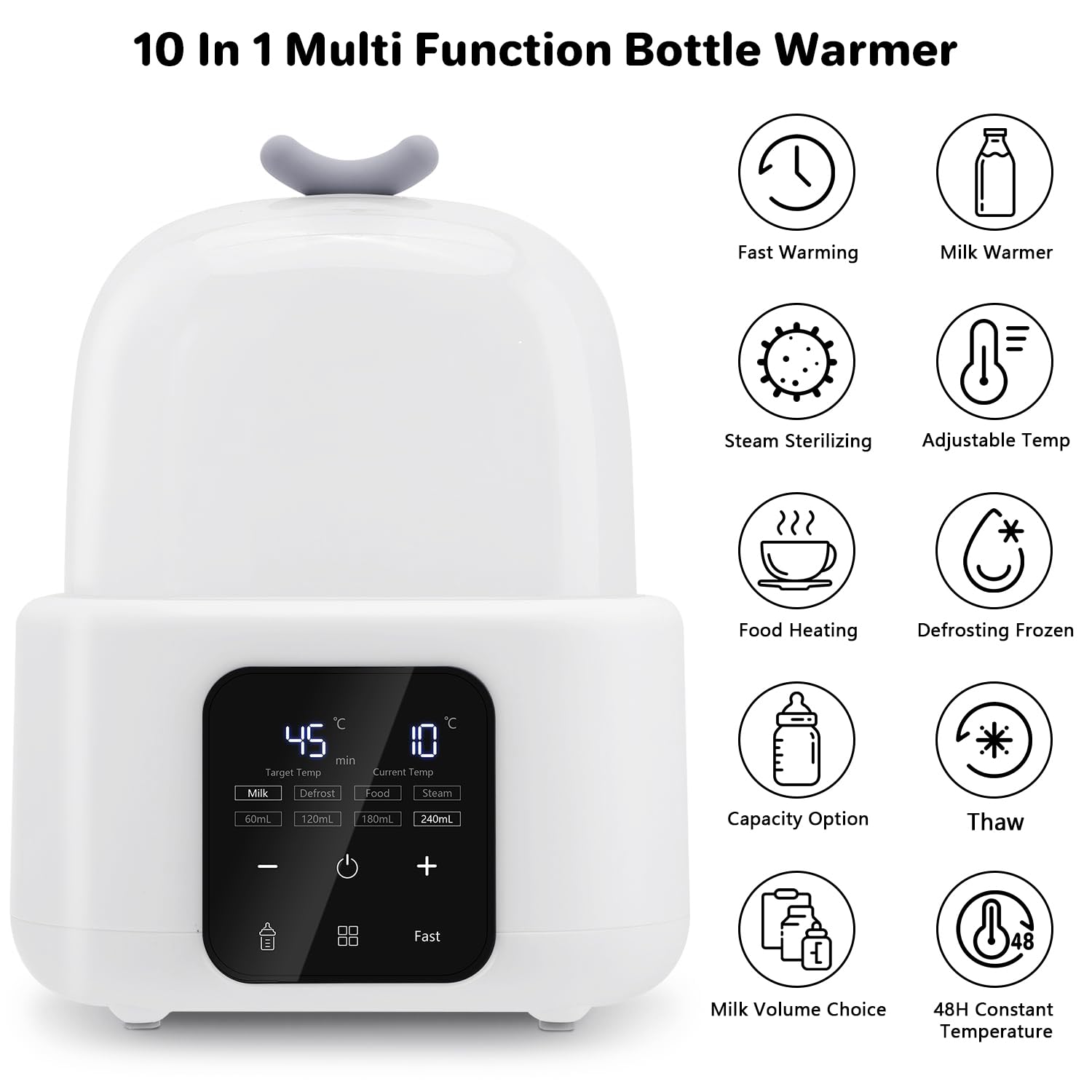 Double Bottle Warmer, 10-in-1 Fast Baby Bottle Warmer for Breastmilk and Formula, Fits 2 Bottles, Accurate Temp Control, Defrost, Sterili-zing, Heat Food, Milk Volume Choice, 48H Thermostat (White)