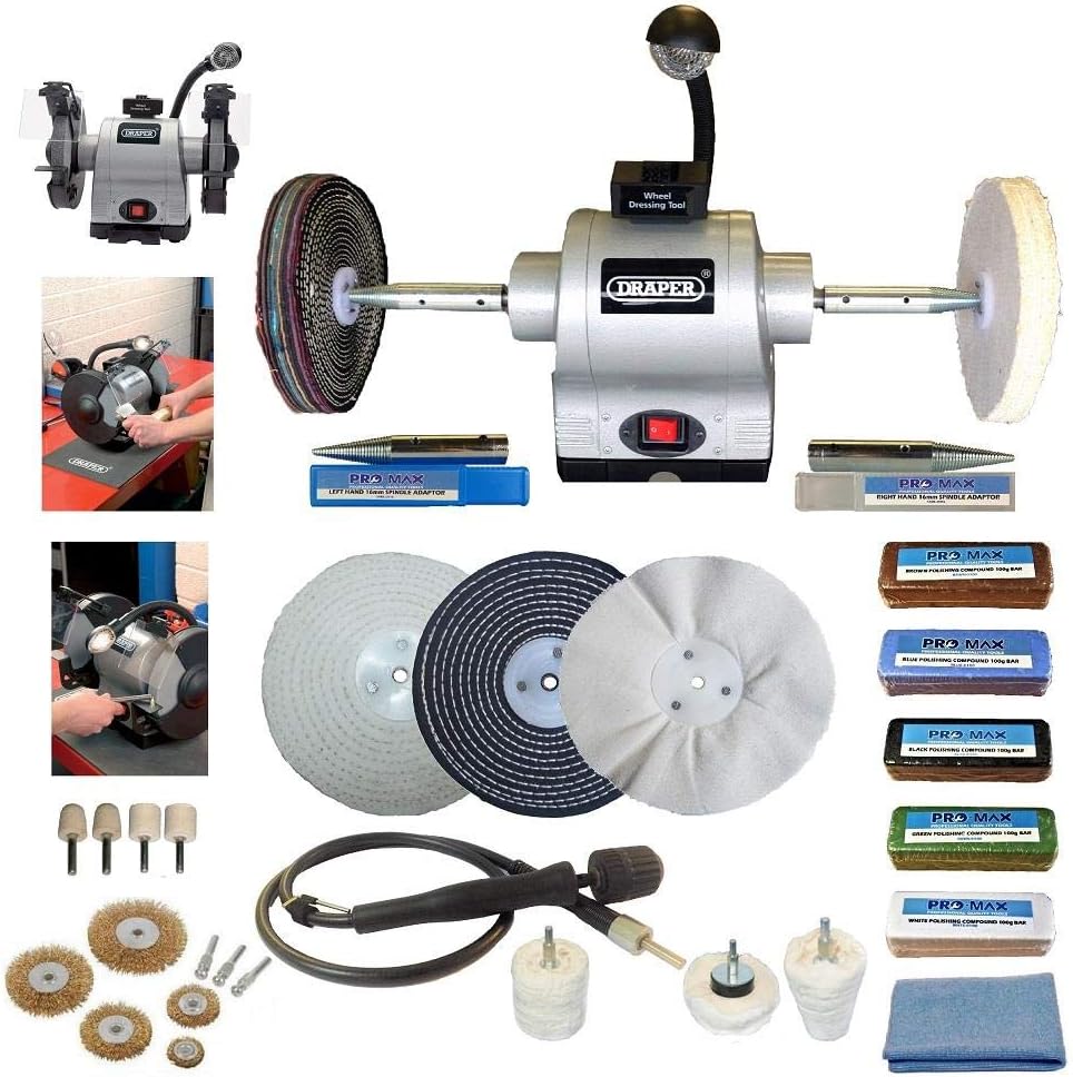 Draper 6" 370W Bench Grinder Polisher with ProMax 6" Deluxe Metal Polishing Kit Amazon.co.uk