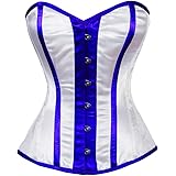 White Satin Blue Stripes Gothic Burlesque Waist Training Overbust Corset Costume
