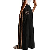 SOLY HUX Women's Wide Leg Pants Elastic High Waisted Embroidery Casual Long Trousers with Pockets Black Embroidery Medium