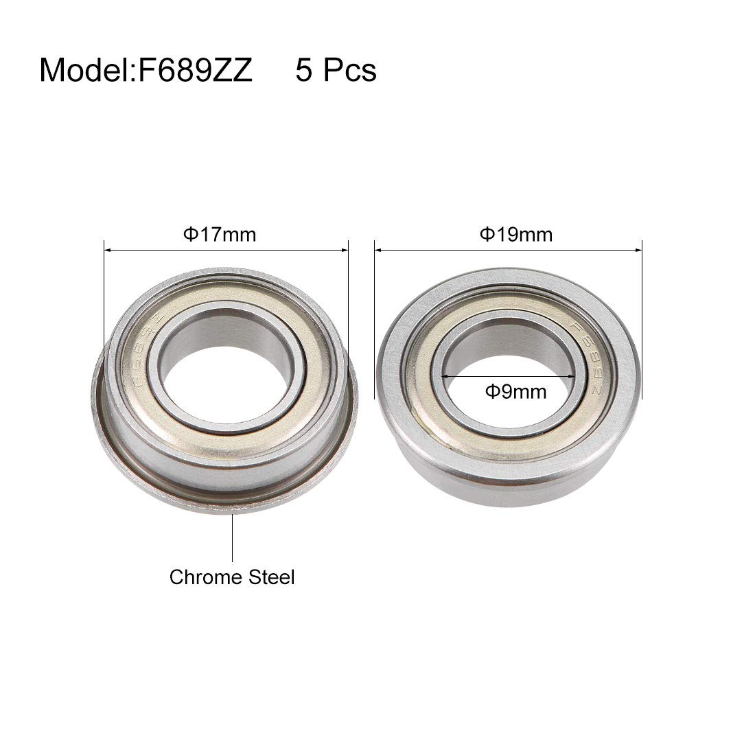 sourcing map F689ZZ Flanged Ball Bearing 9x17x5mm Shielded Chrome Steel Flange Rip Bearings 5pcs - Image 3