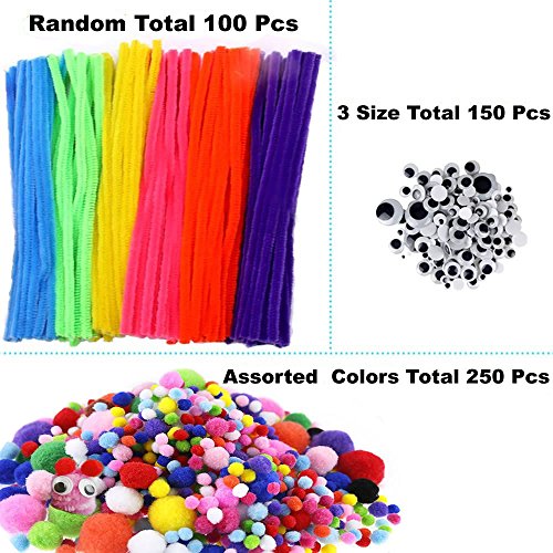 Pipe Cleaners Craft Set Meiso 500 Pcs Craft Supplies Including 100 Pcs Chenille Stems with 250 Pcs Pom Poms Craft and 150 Pcs Wiggle Googly Eyes Self Adhesive Assorted Colors Sizes for DIY Art Craft - Thumbnail 4