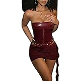 Sexy Two Piece Outfits for Women Off the Shoulder Leather Tube Top High Waist Ruched Mini Skirt Set Vacation Outfits