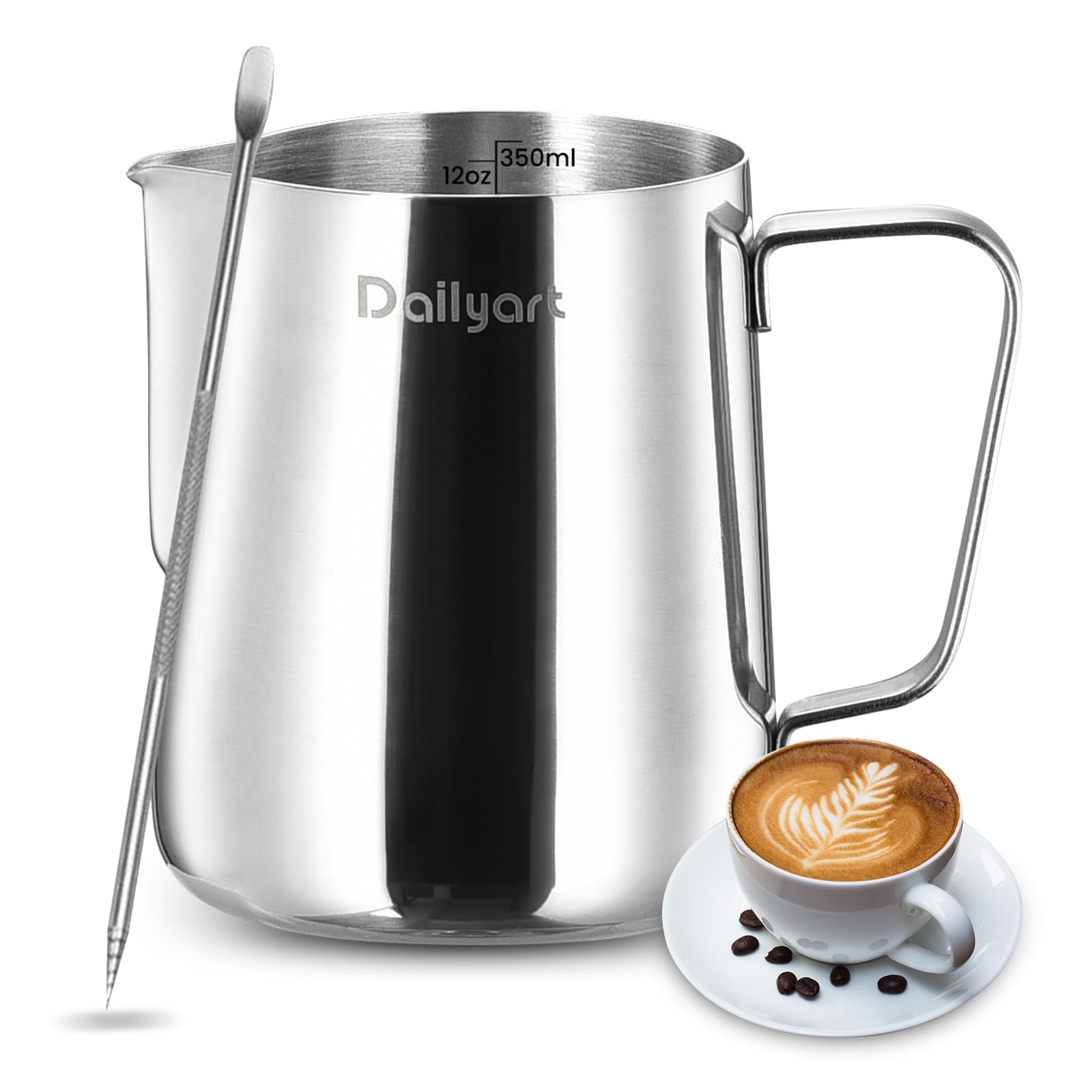 Photo 1 of Milk Frothing Pitcher, Dailyart 12oz/350ml Milk Frother Cup 304 Stainless Steel Milk Steamer Cup with Scale, Espresso Machine Accessories, Milk Pitcher with Art Pen for Cappuccino Coffee Latte Art