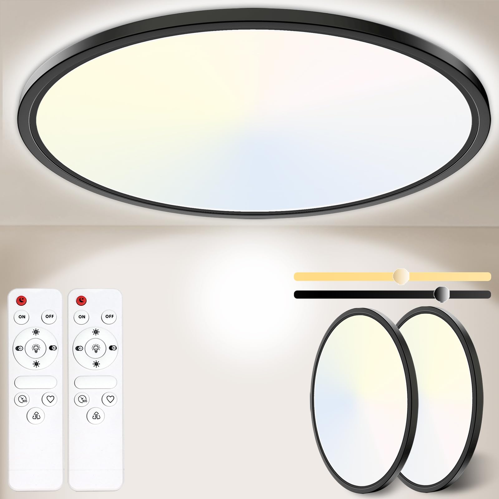 Yexati Bathroom Light 24W 3200LM 30cm Dimmable with Remote Control 6500K-3000K, IP54 LED Bathroom Light Ultra Thin Flush Ceiling Light Round for Kitchen Toilet Porch Bedroom Utility Room Black 2 Pack