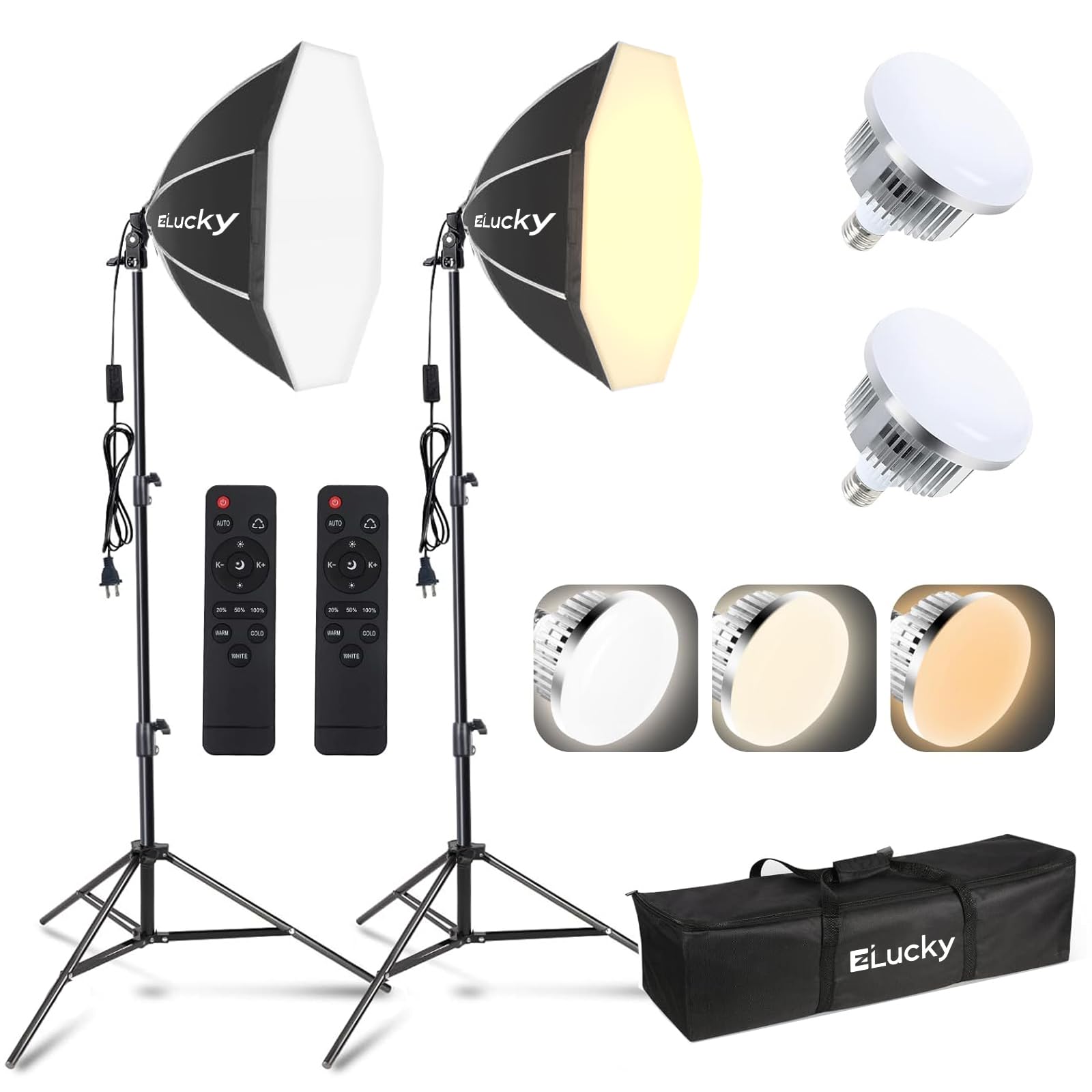 Photo 1 of 2-Pack 20" Softbox Lighting Kit | 3000-6500K 85W Dimmable LED Bulbs, Remote Control, 63" Tripod | Studio, Portrait & Video Recording