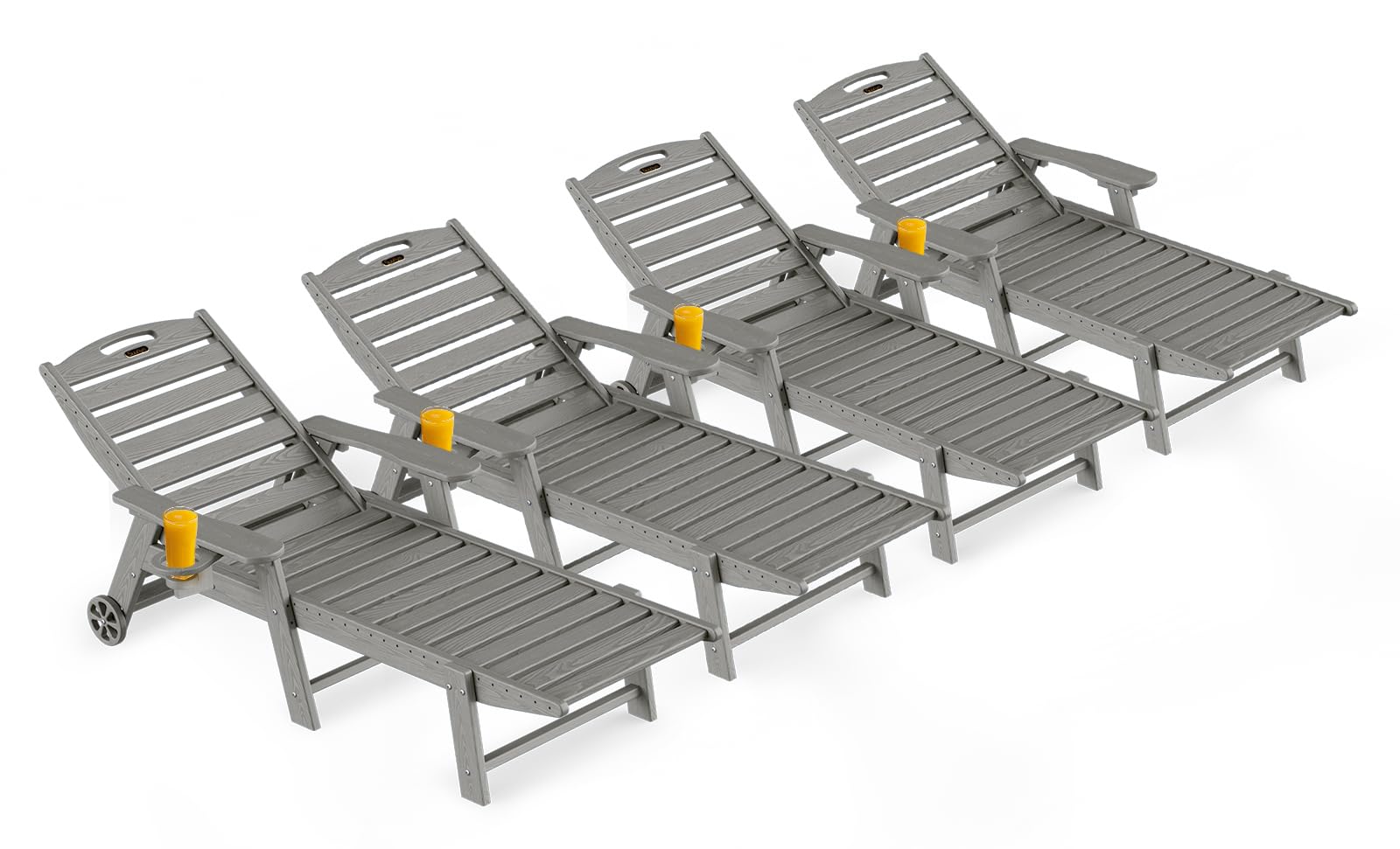 Outdoor Lounge Chair Set of 4, All Weather Patio Chaise Lounge Chairs for Outside, HDPE Chair with Rolling Wheels & Cup Holder, 5 Position, Deck, Pool, Grey Image