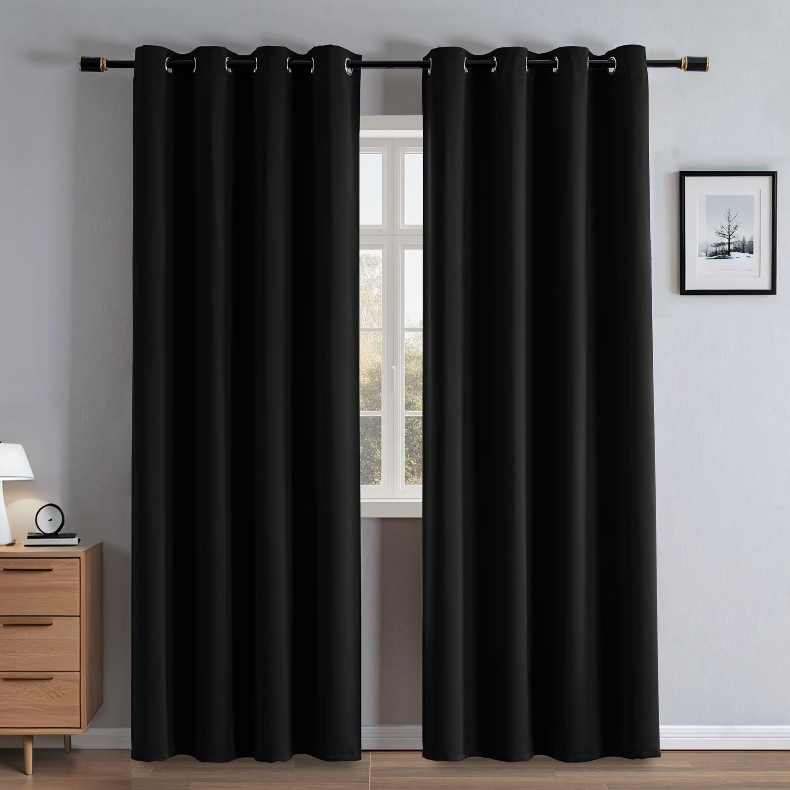 Photo 1 of RainCharm 96 Inch Curtains for Bedroom, Blackout Curtains 96 Inches Long 2 Panel Set, Thermal Insulated Grommet Energy Saving Room Darkening Drapes for Living Room Window(W52 x L96, Black)